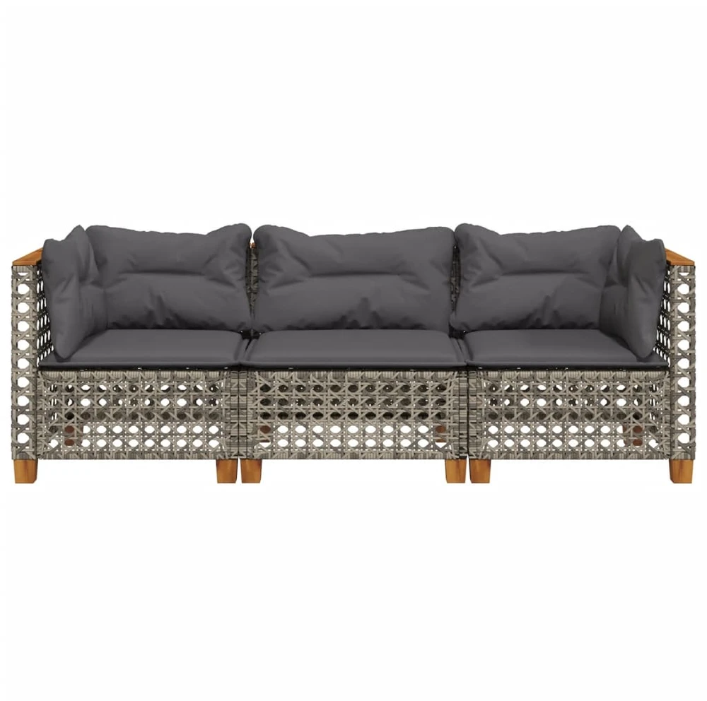 Trivietė sodo sofa su pagalvėlėmis, pilkos spalvos, poliratanas