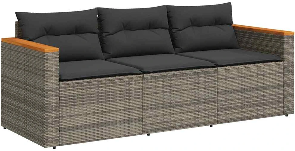 Trivietė sodo sofa su pagalvėlėmis, pilkos spalvos, poliratanas