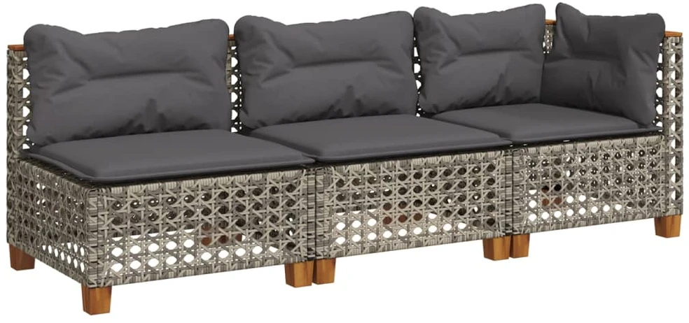 Trivietė sodo sofa su pagalvėlėmis, pilkos spalvos, poliratanas