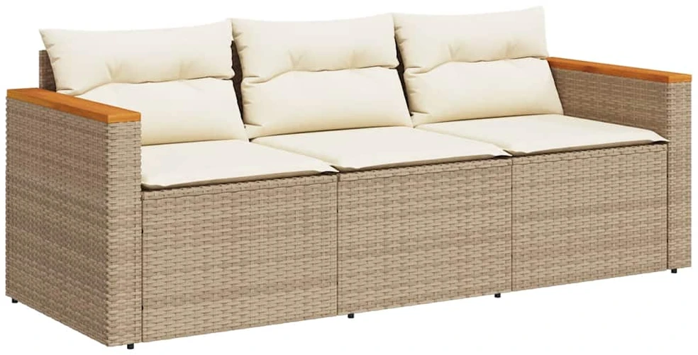 Trivietė sodo sofa su pagalvėlėmis, smėlio spalvos, poliratanas