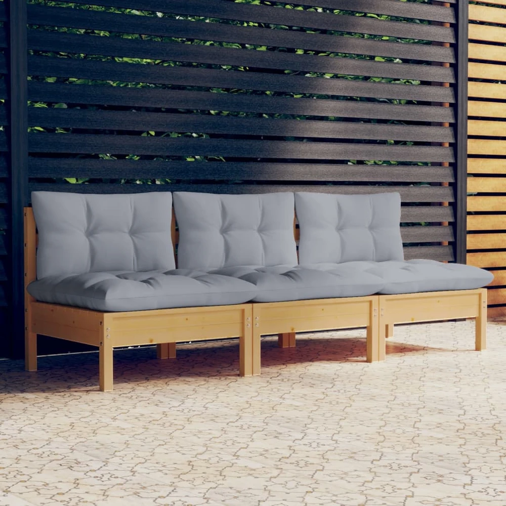 Trivietė sodo sofa su pilkomis pagalvėlėmis, pušies masyvas