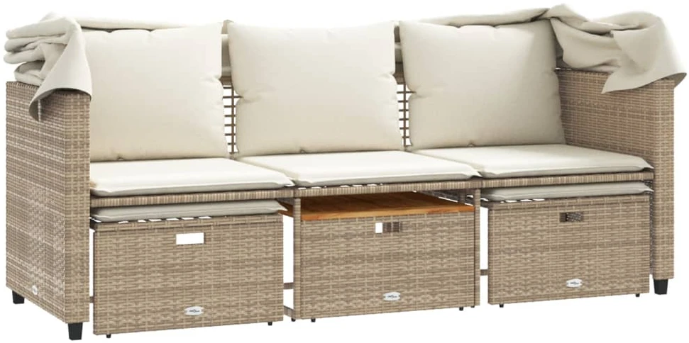 Trivietė sodo sofa su skliautu/taburetėmis, smėlio, poliratanas