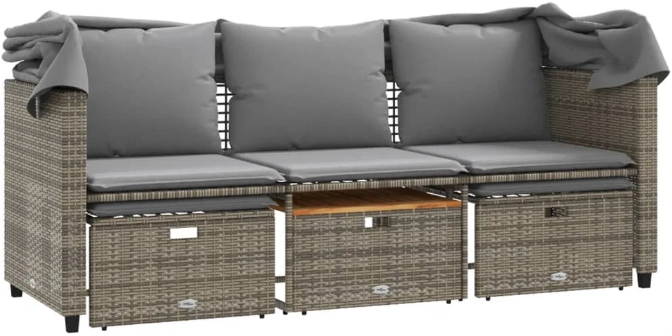 Trivietė sodo sofa su skliautu/taburetėmis, pilka, poliratanas