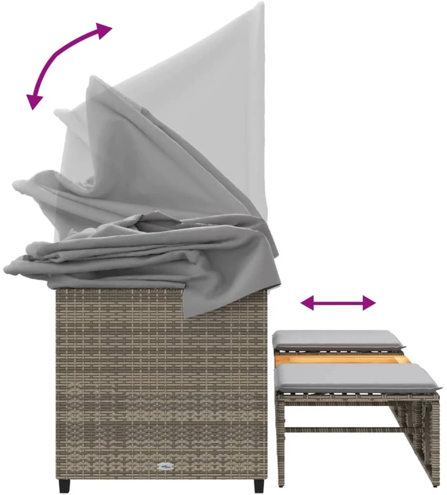 Trivietė sodo sofa su skliautu/taburetėmis, pilka, poliratanas