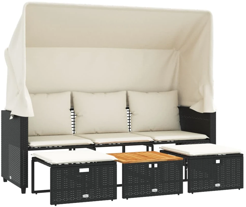 Trivietė sodo sofa su skliautu/taburetėmis, juoda, poliratanas