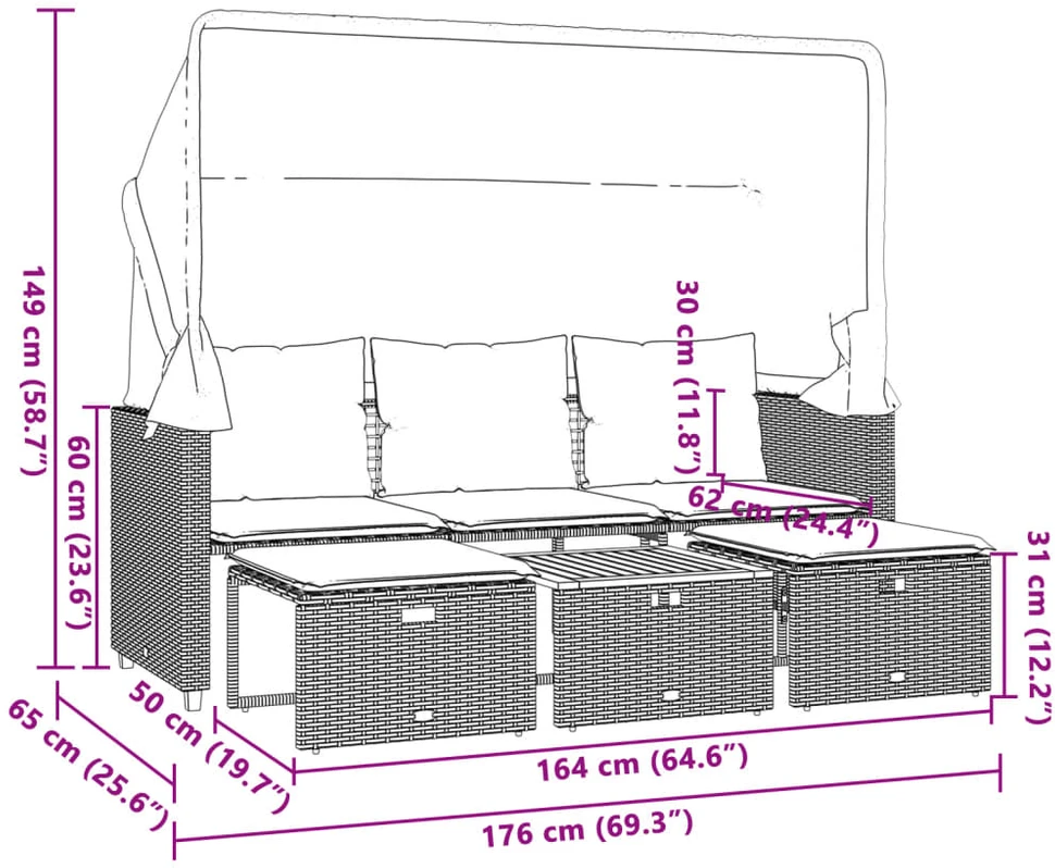 Trivietė sodo sofa su skliautu/taburetėmis, pilka, poliratanas