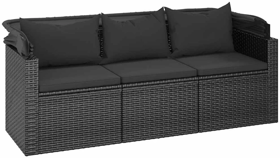 Trivietė sodo sofa su stogeliu ir pakoja, juoda, poliratanas
