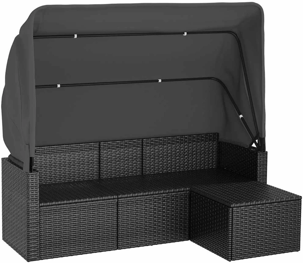 Trivietė sodo sofa su stogeliu ir pakoja, juoda, poliratanas