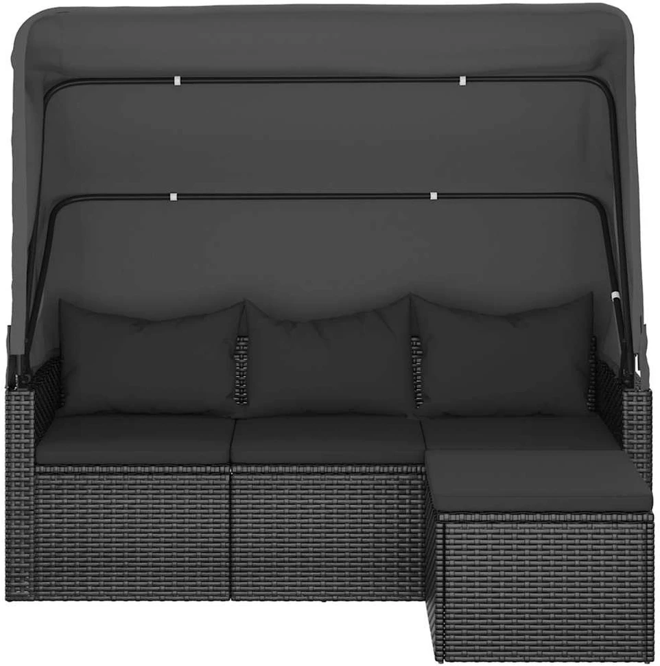 Trivietė sodo sofa su stogeliu ir pakoja, juoda, poliratanas