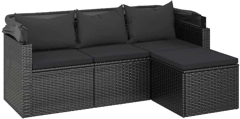 Trivietė sodo sofa su stogeliu ir pakoja, juoda, poliratanas