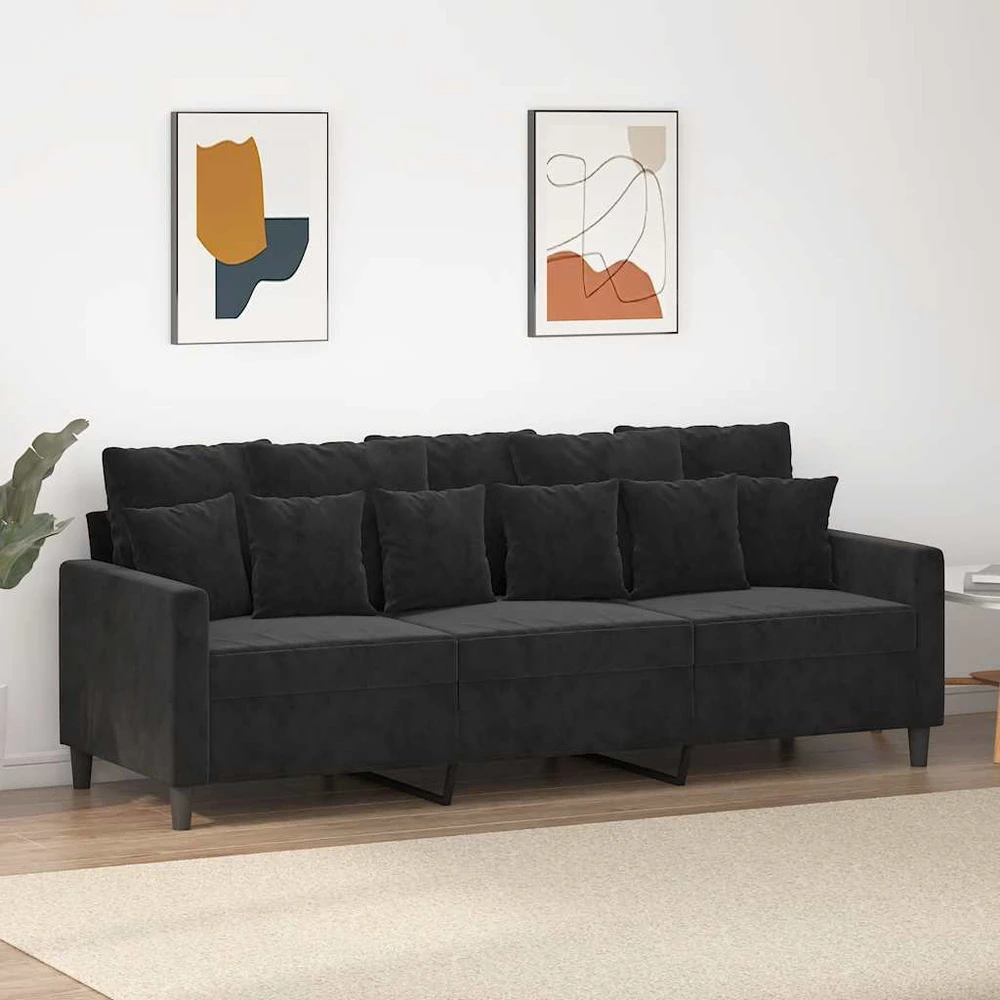 Trivietė sofa, juodos spalvos, 180cm, aksomas