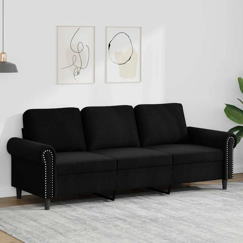 Trivietė sofa, juodos spalvos, 180cm, aksomas