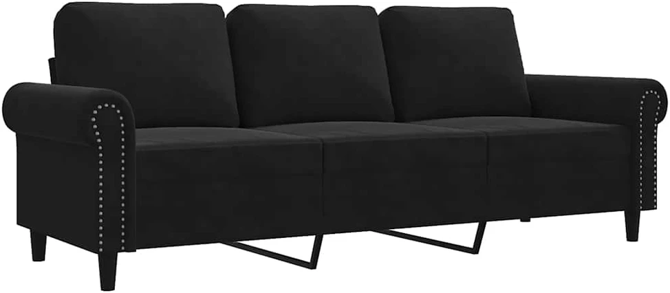 Trivietė sofa, juodos spalvos, 180cm, aksomas