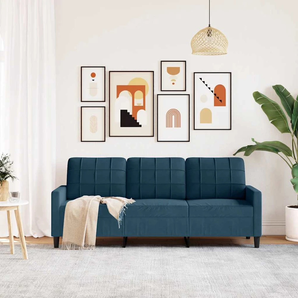 Trivietė sofa, mėlynos spalvos, 180cm, aksomas