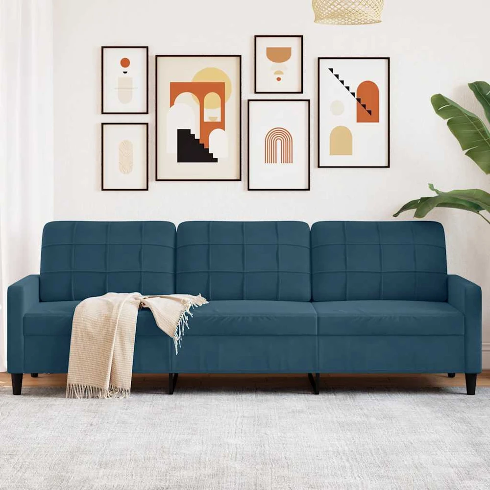 Trivietė sofa, mėlynos spalvos, 210cm, aksomas