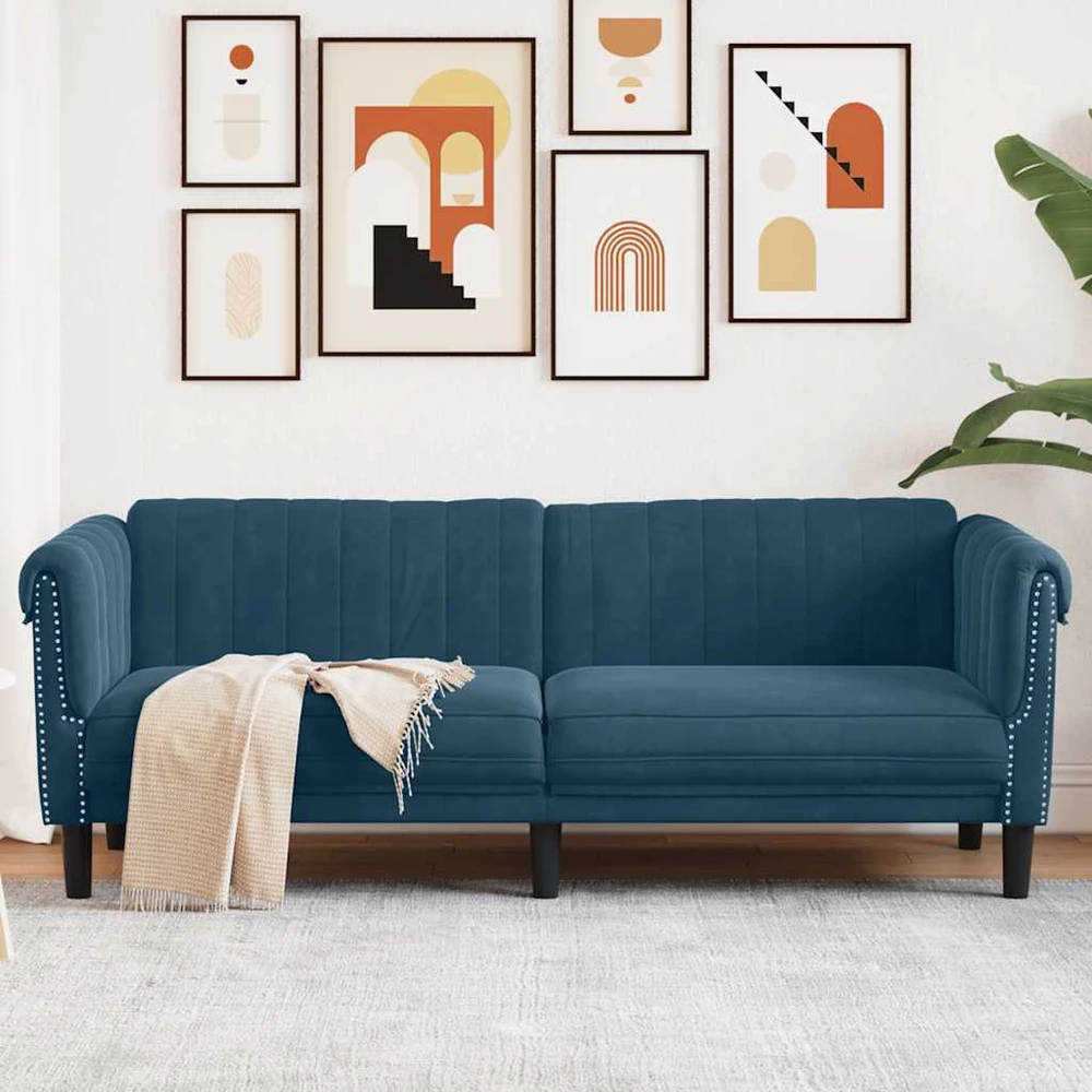 Trivietė sofa, mėlynos spalvos, aksomas