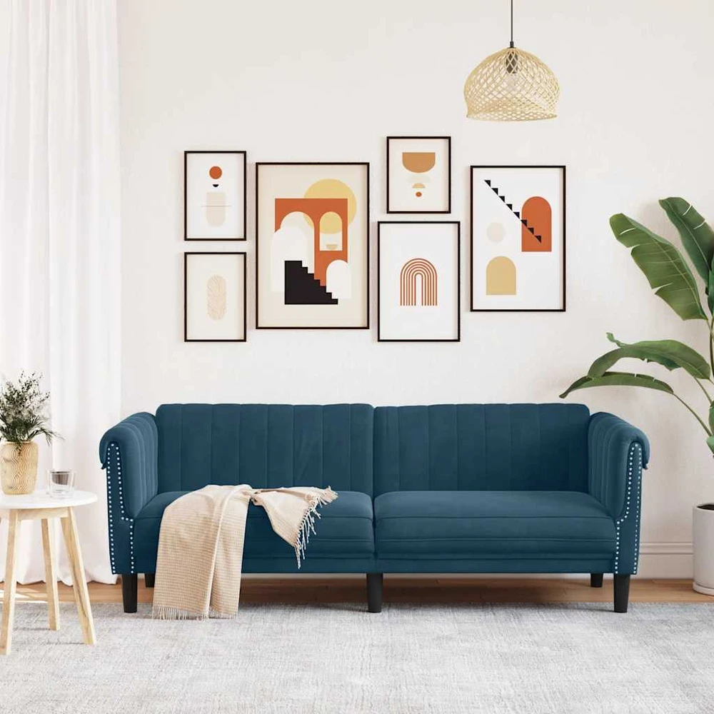 Trivietė sofa, mėlynos spalvos, aksomas