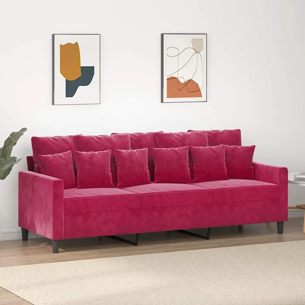 Trivietė sofa, raudonojo vyno spalvos, 180cm, aksomas