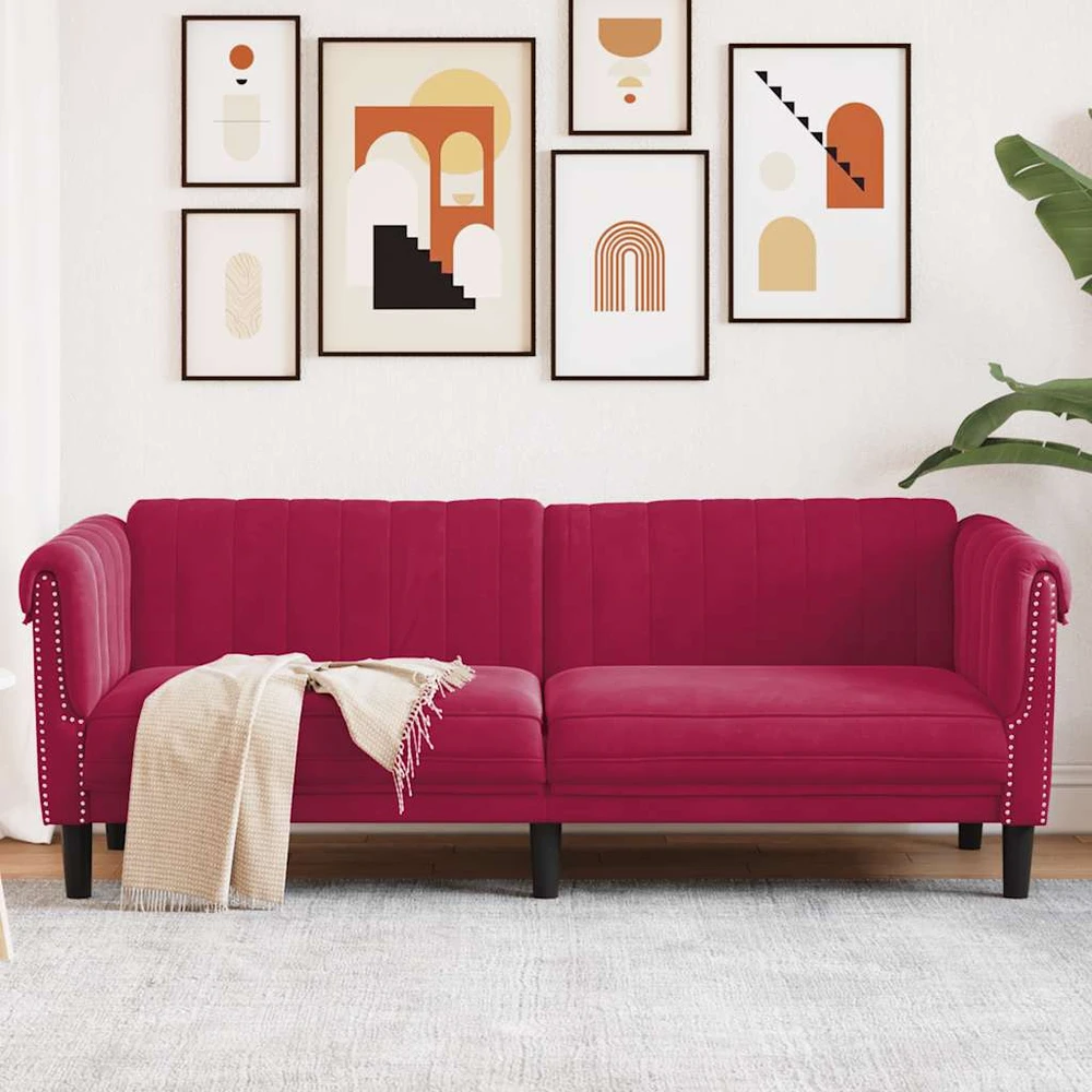 Trivietė sofa, raudonojo vyno spalvos, aksomas