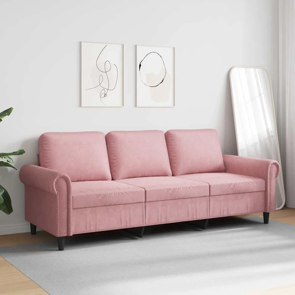 Trivietė sofa, rožinės spalvos, 180cm, aksomas