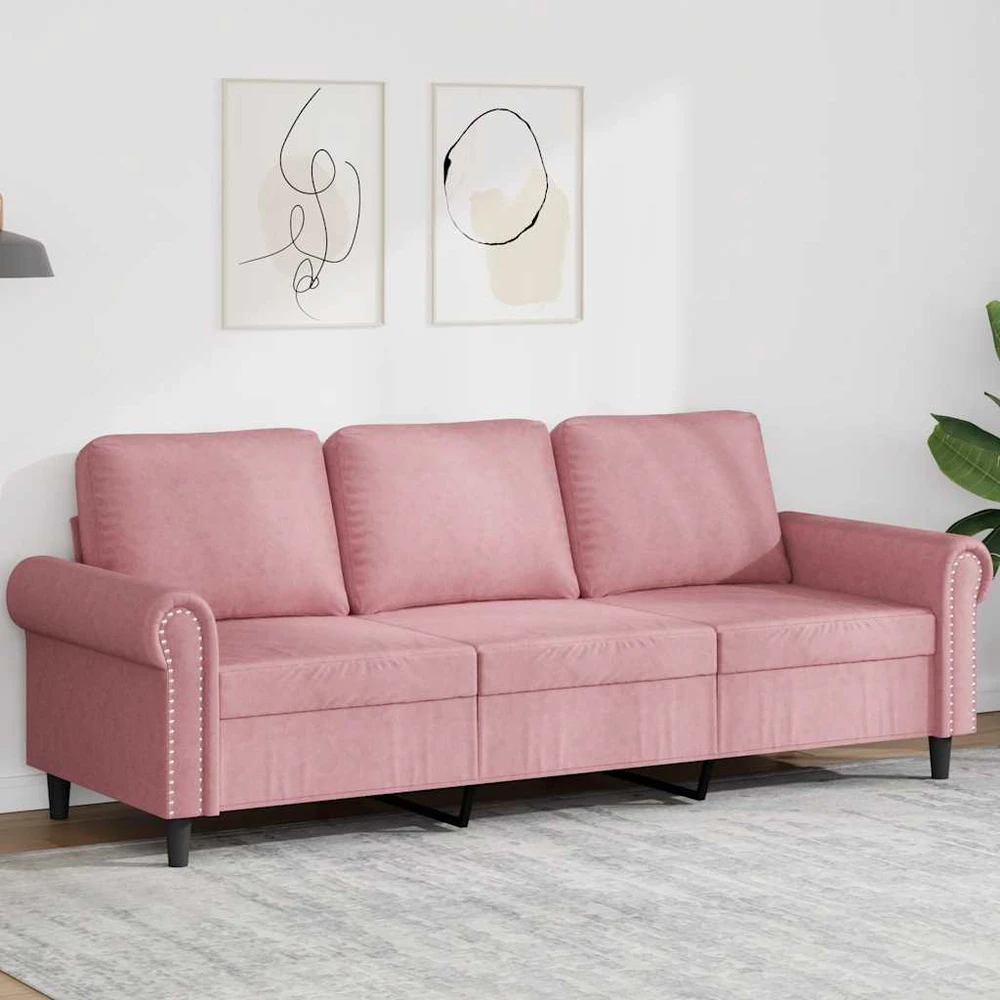 Trivietė sofa, rožinės spalvos, 180cm, aksomas