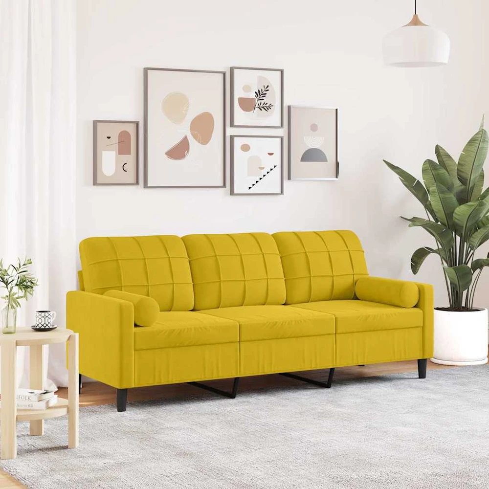Trivietė sofa su pagalvėlėmis, geltonos spalvos, 180cm, aksomas