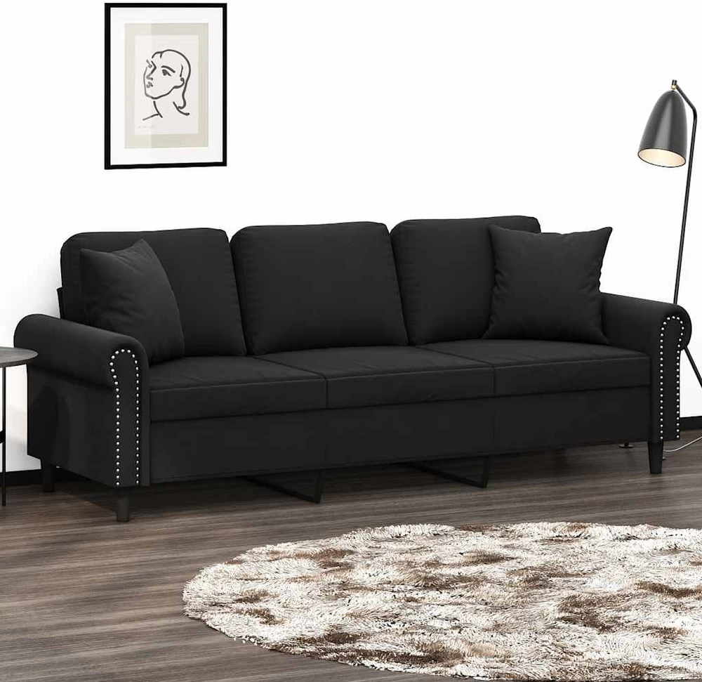 Trivietė sofa su pagalvėlėmis, juodos spalvos, 180cm, aksomas