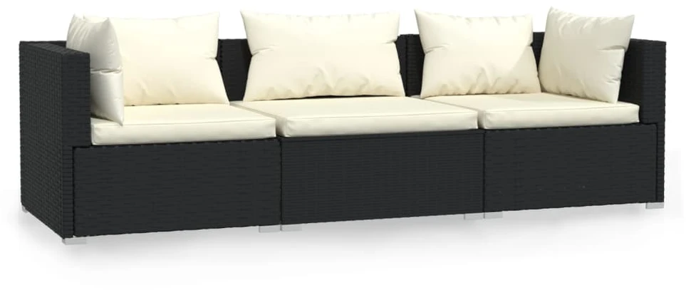 Trivietė sofa su pagalvėlėmis, juodos spalvos, poliratanas