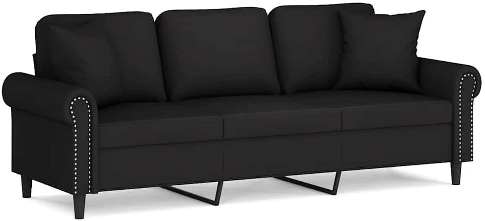 Trivietė sofa su pagalvėlėmis, juodos spalvos, 180cm, aksomas