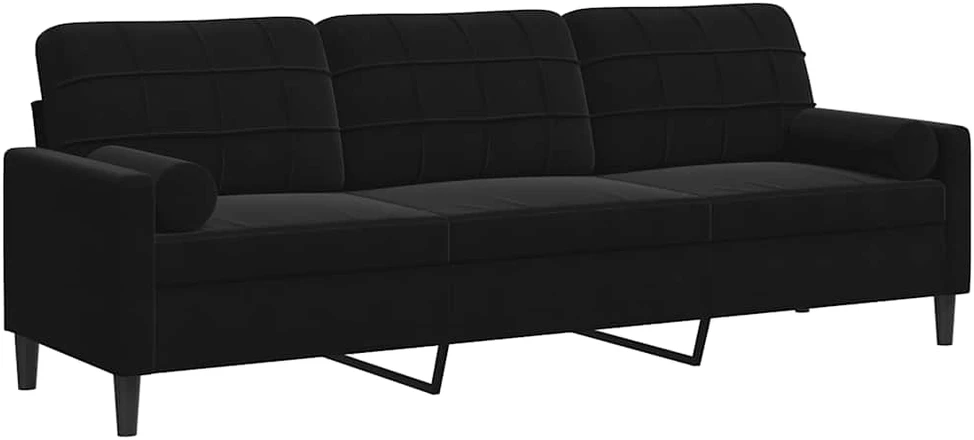 Trivietė sofa su pagalvėlėmis, juodos spalvos, 210cm, aksomas
