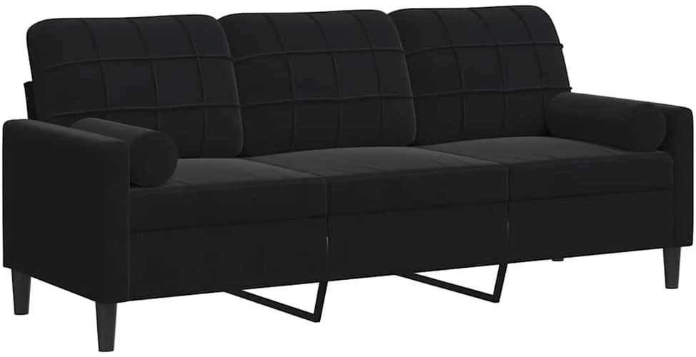 Trivietė sofa su pagalvėlėmis, juodos spalvos, 180cm, aksomas