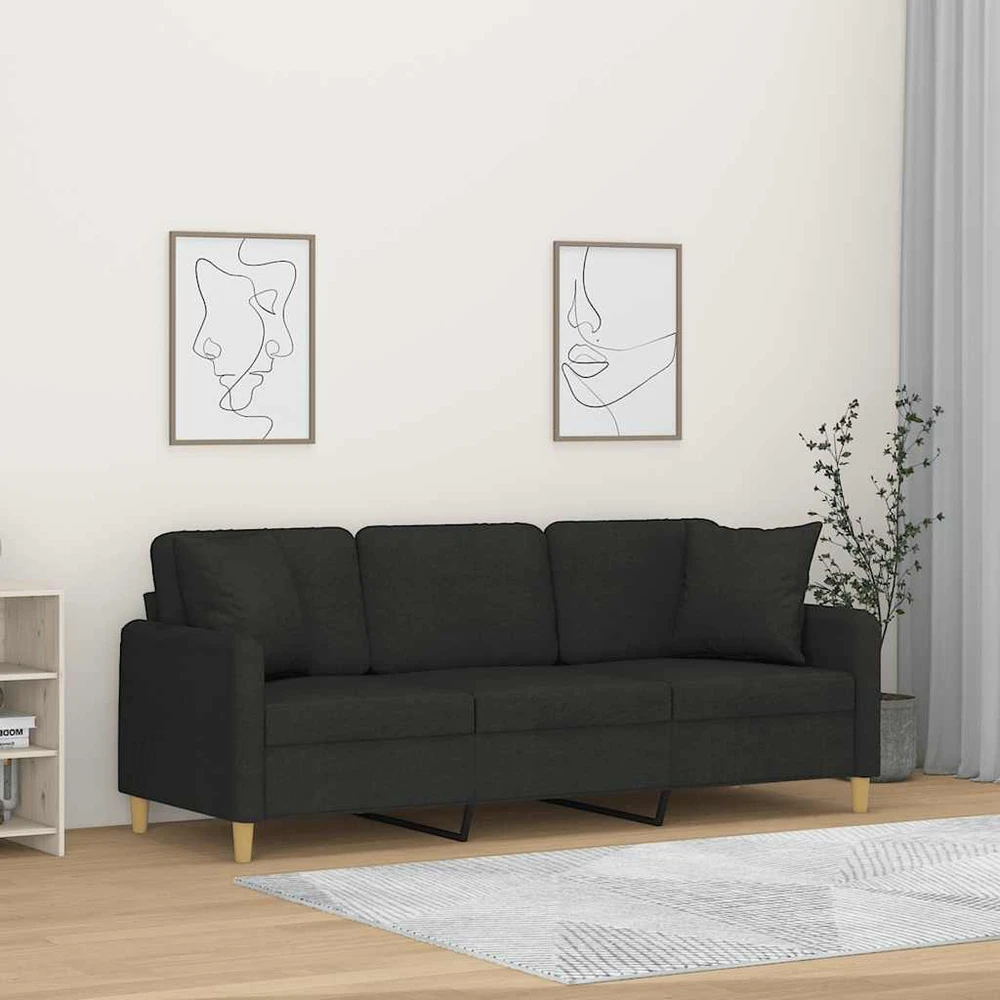 Trivietė sofa su pagalvėlėmis, juodos spalvos, 180cm, audinys