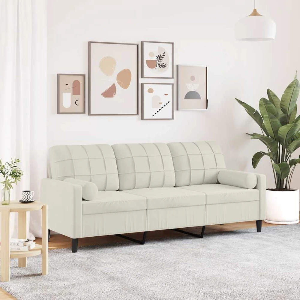 Trivietė sofa su pagalvėlėmis, kreminės spalvos, 180cm, aksomas