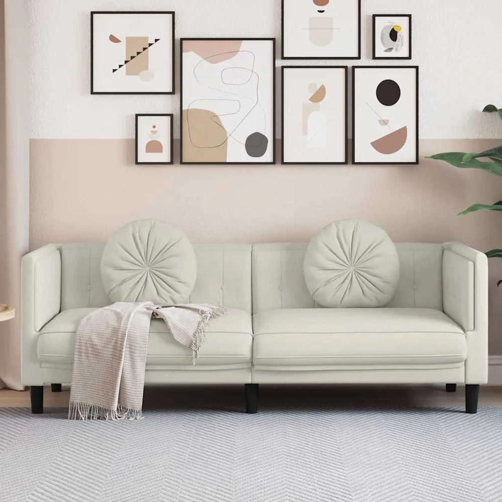 Trivietė sofa su pagalvėlėmis, kreminės spalvos, aksomas