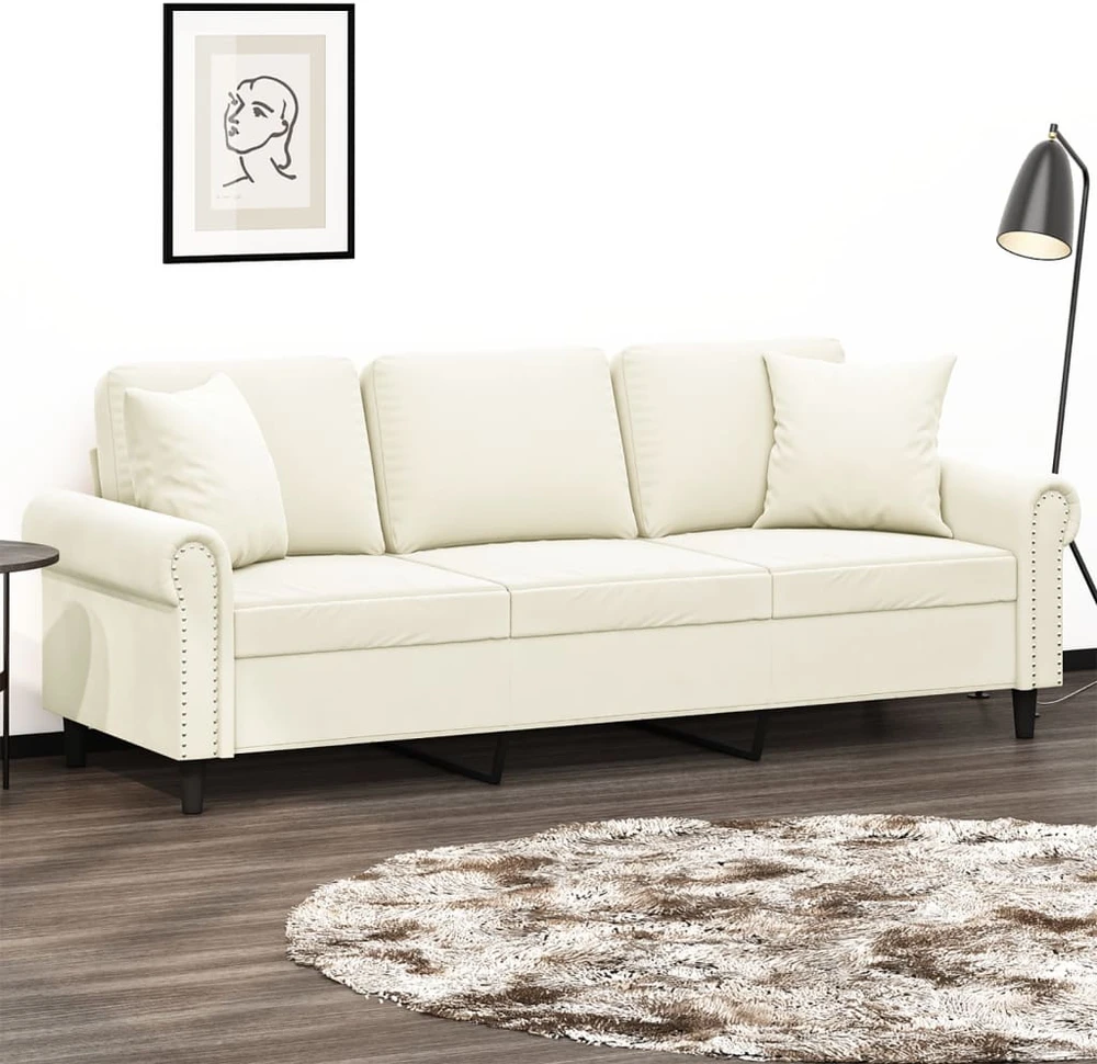 Trivietė sofa su pagalvėlėmis, kreminės spalvos, 180cm, aksomas