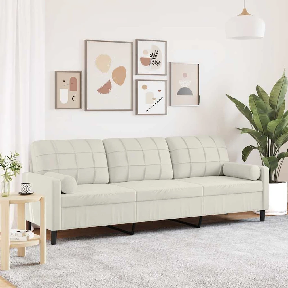 Trivietė sofa su pagalvėlėmis, kreminės spalvos, 210cm, aksomas