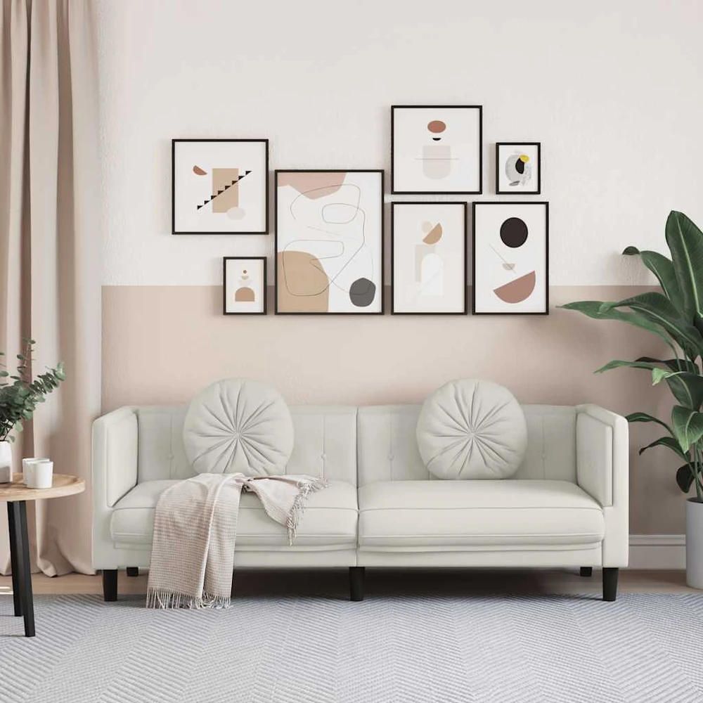 Trivietė sofa su pagalvėlėmis, kreminės spalvos, aksomas