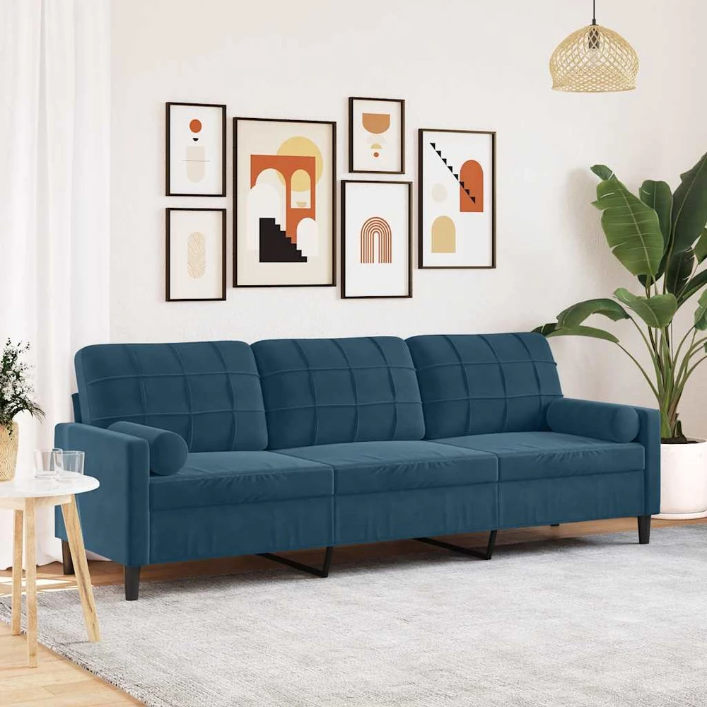 Trivietė sofa su pagalvėlėmis, mėlynos spalvos, 210cm, aksomas