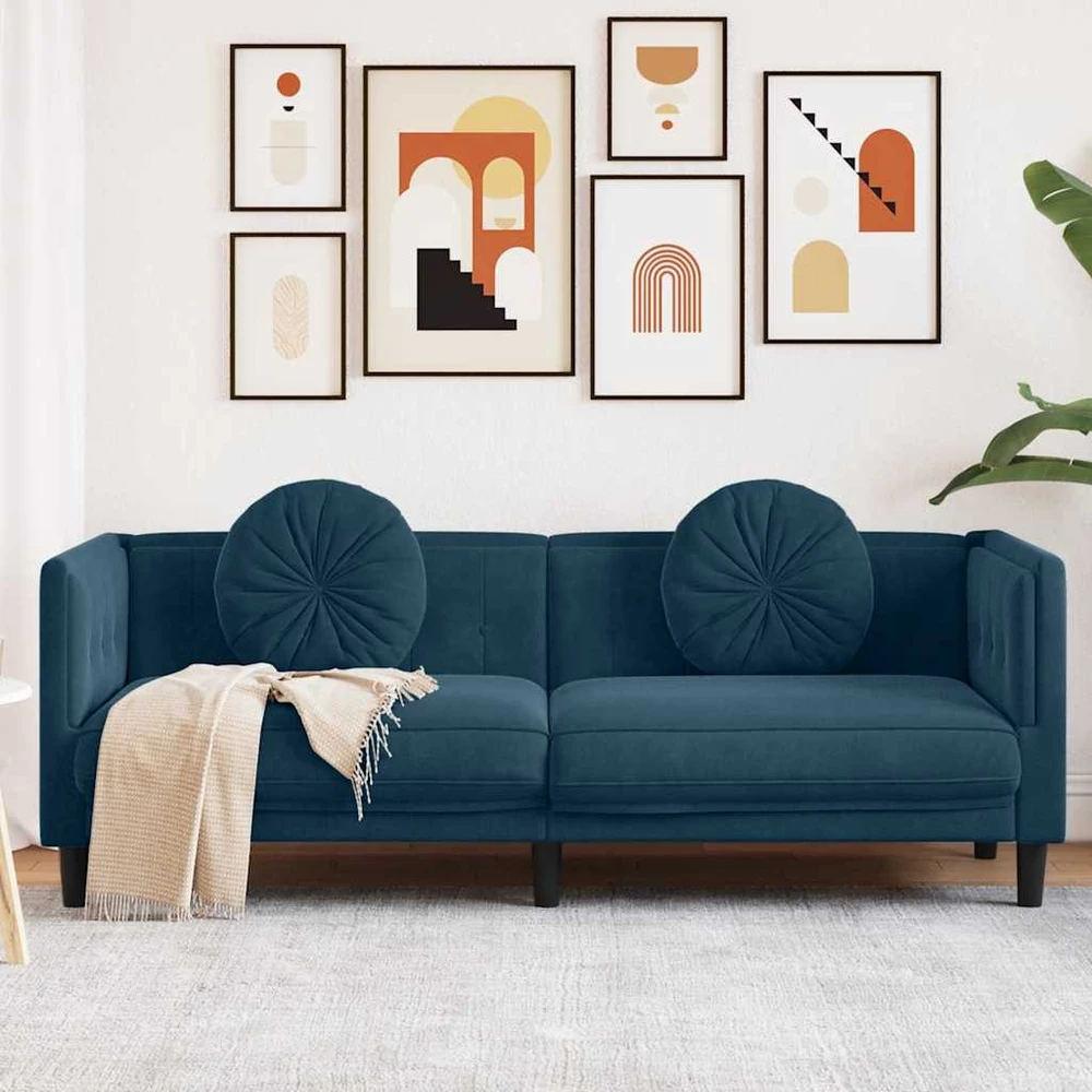 Trivietė sofa su pagalvėlėmis, mėlynos spalvos, aksomas