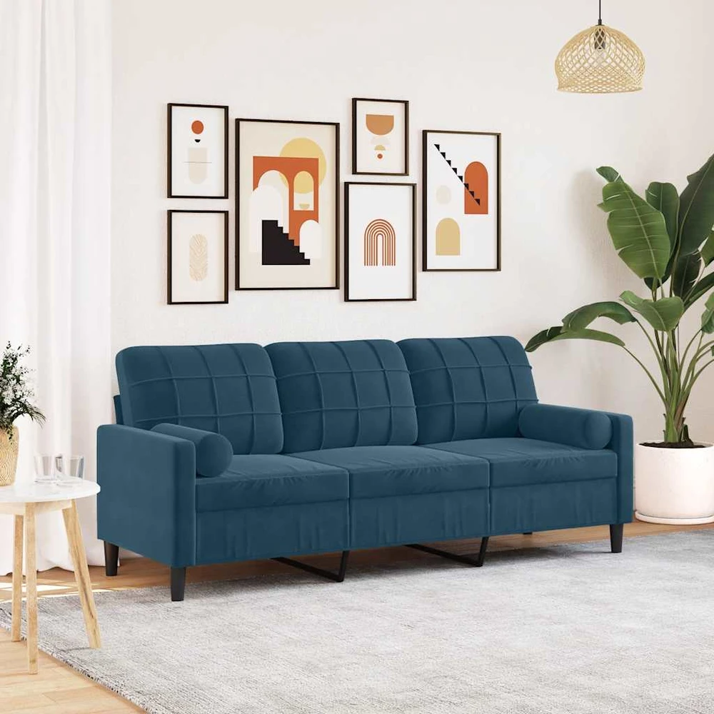 Trivietė sofa su pagalvėlėmis, mėlynos spalvos, 180cm, aksomas