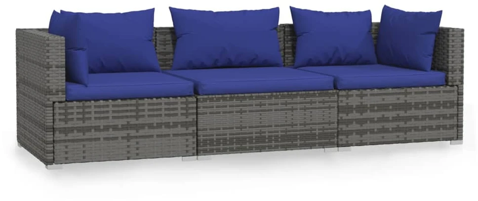 Trivietė sofa su pagalvėlėmis, pilkos spalvos, poliratanas