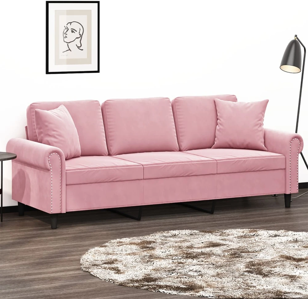 Trivietė sofa su pagalvėlėmis, rožinės spalvos, 180cm, aksomas