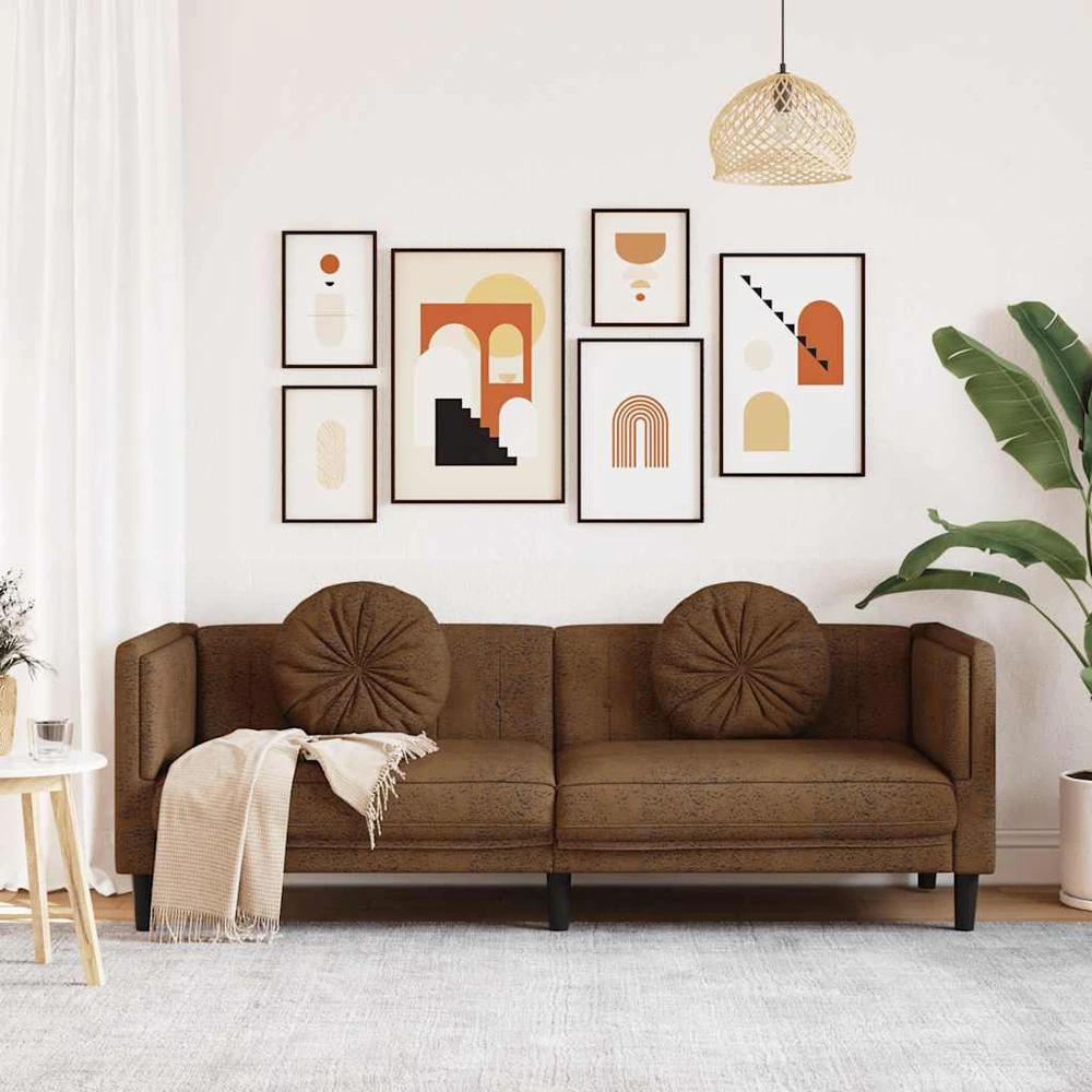 Trivietė sofa su pagalvėlėmis, rudos spalvos, aksomas
