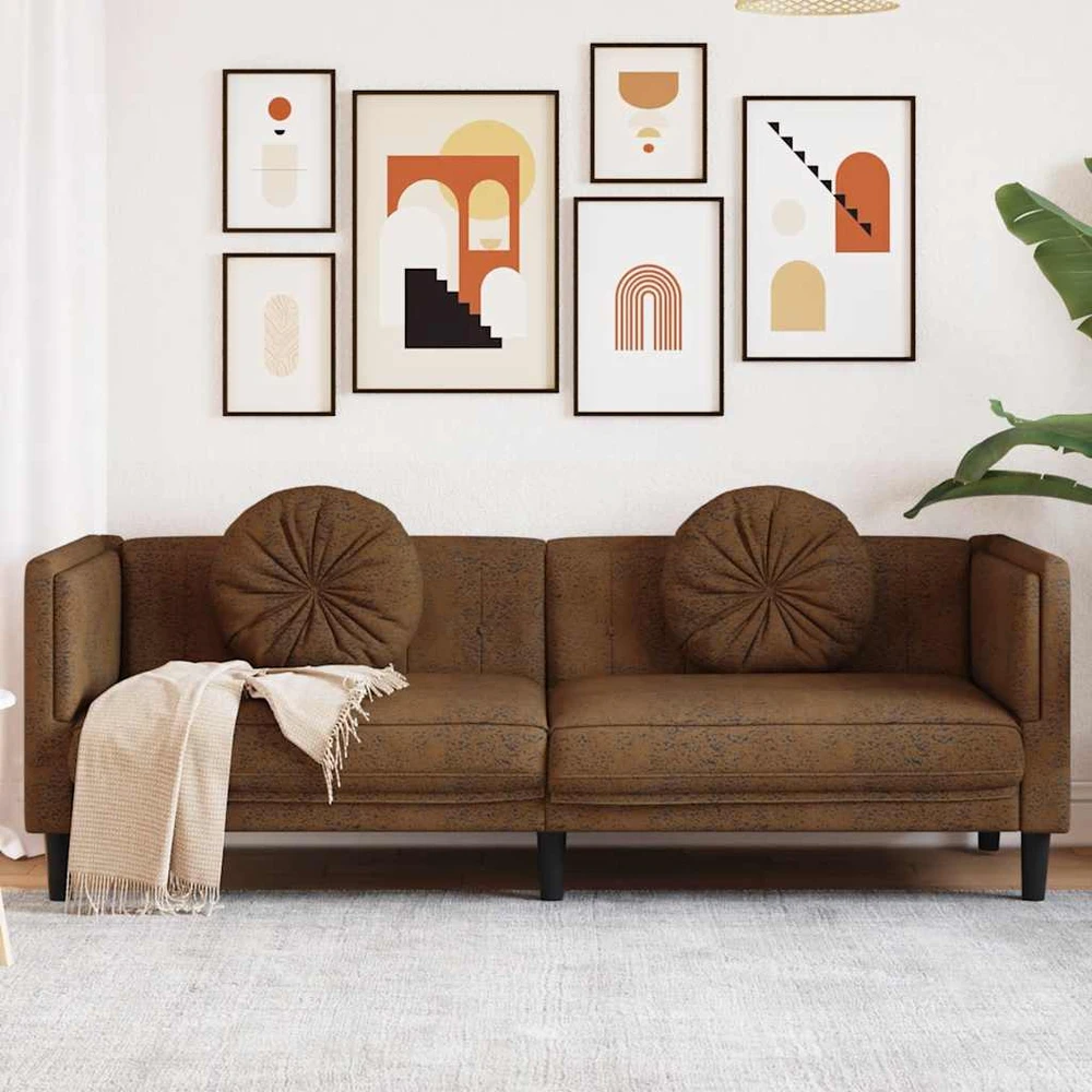 Trivietė sofa su pagalvėlėmis, rudos spalvos, aksomas