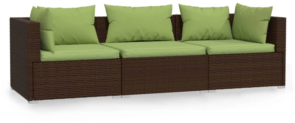 Trivietė sofa su pagalvėlėmis, rudos spalvos, poliratanas