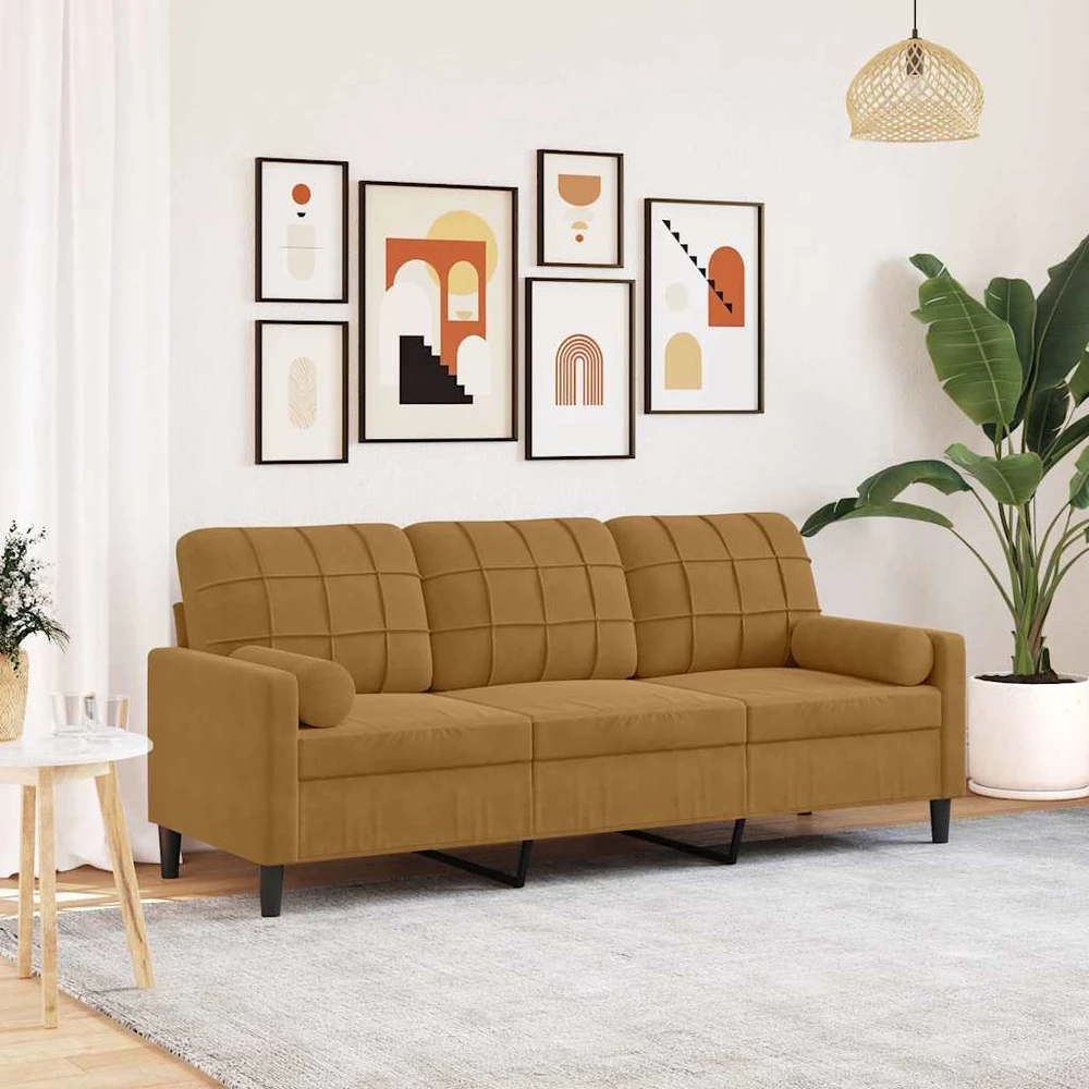 Trivietė sofa su pagalvėlėmis, rudos spalvos, 180cm, aksomas