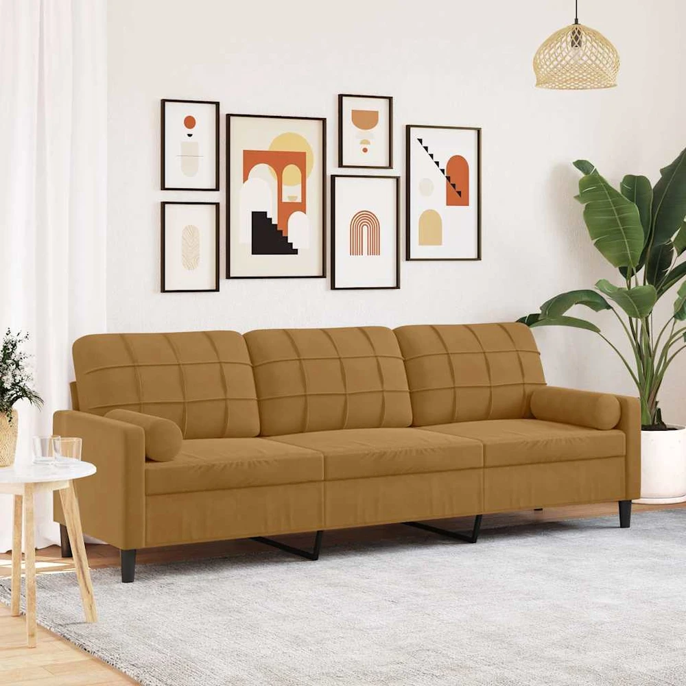 Trivietė sofa su pagalvėlėmis, rudos spalvos, 210cm, aksomas