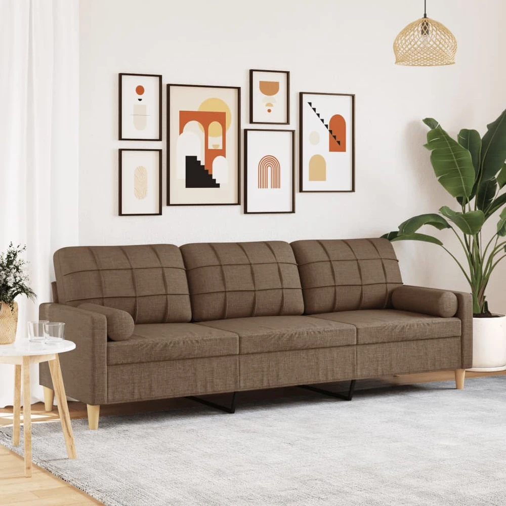 Trivietė sofa su pagalvėlėmis, rudos spalvos, 210cm, audinys