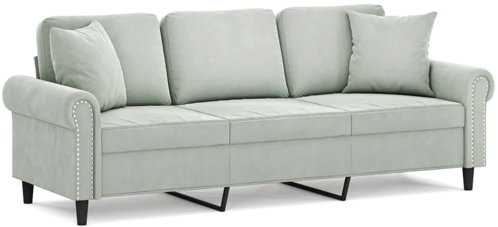 Trivietė sofa su pagalvėlėmis, šviesiai pilka, 180cm, aksomas