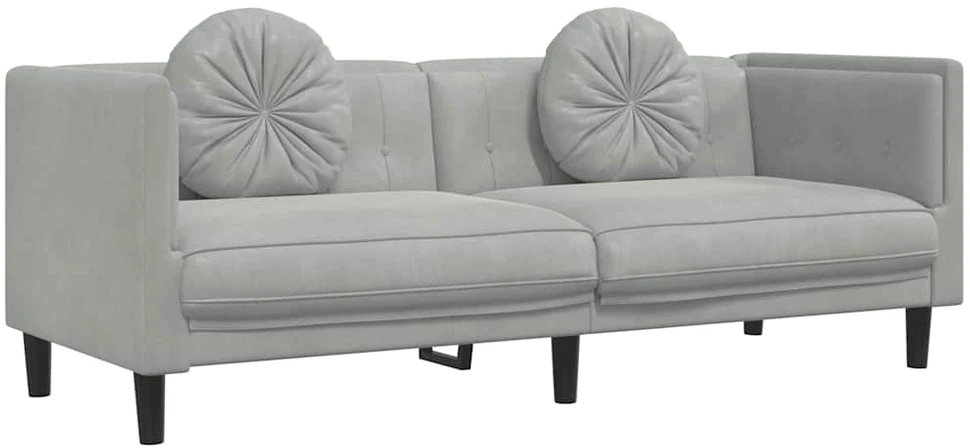 Trivietė sofa su pagalvėlėmis, šviesiai pilkos spalvos, aksomas